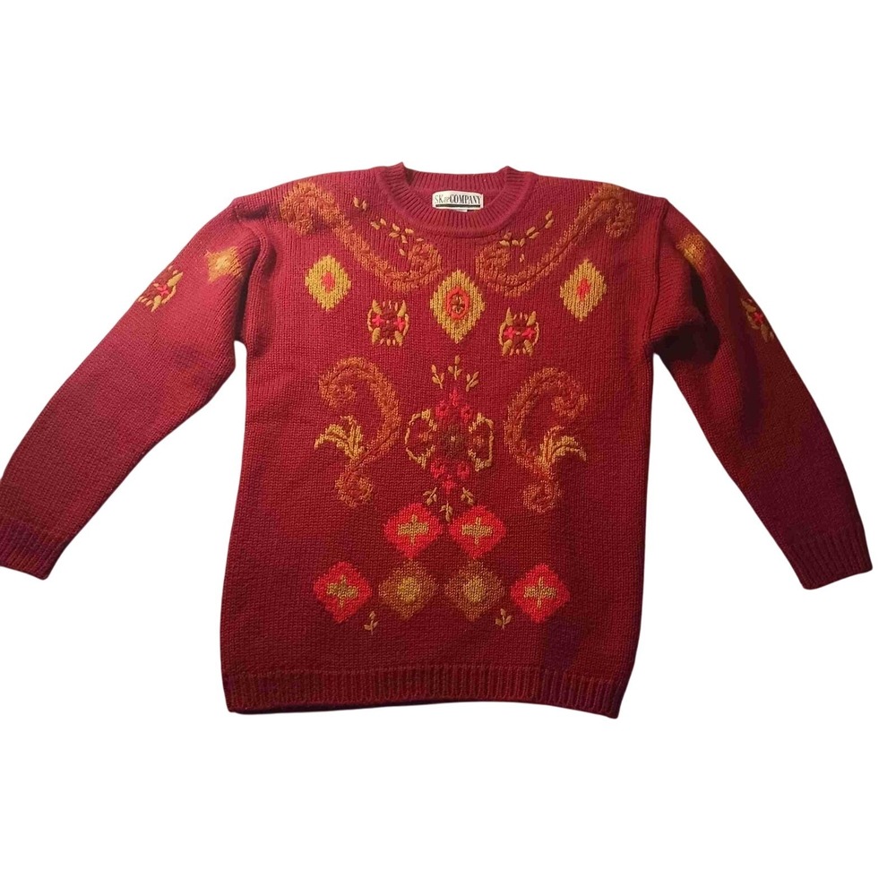 SK & Company‎ VTG Baroque Knit Sweater S Red Mohair Wool Blend Hong Kong Holiday